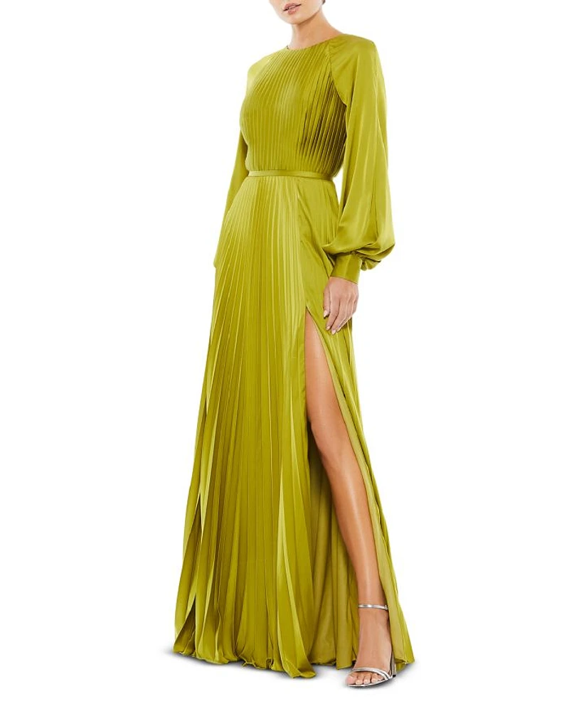 Pleated High Neck Raglan Long Sleeve Side Slit Gown