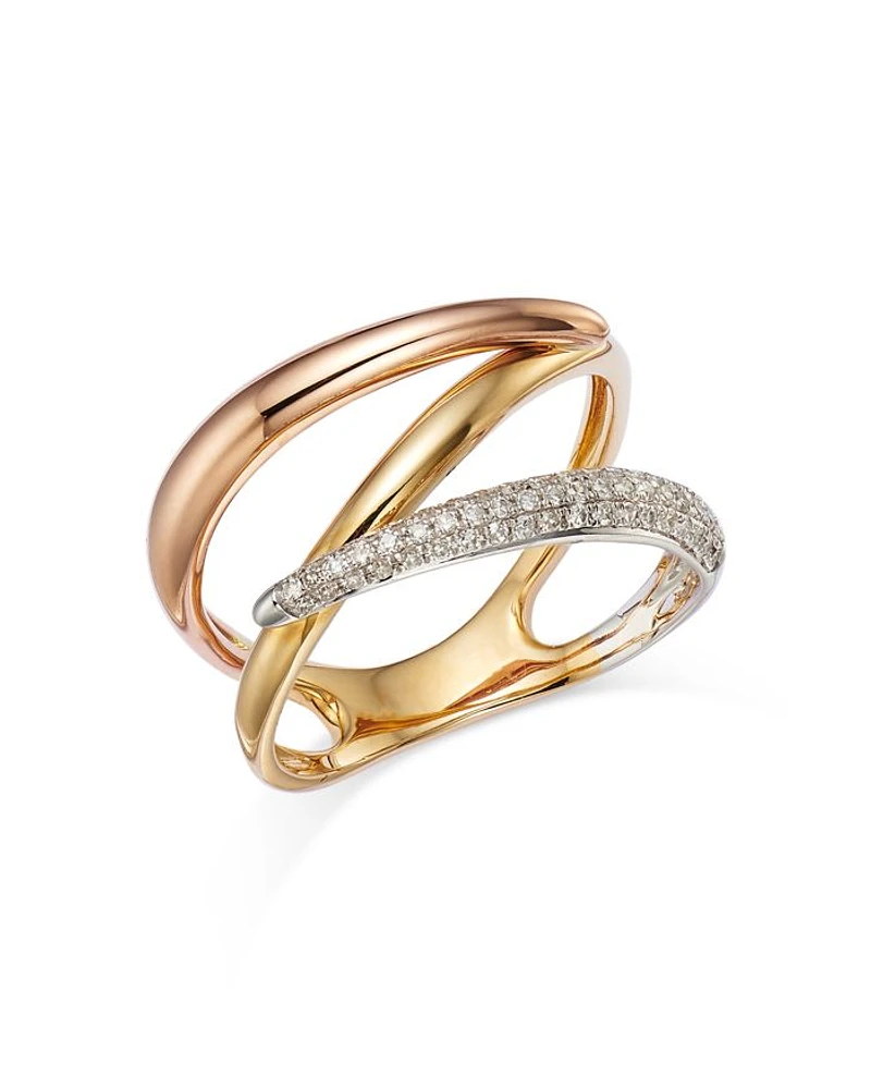 Diamond Pavé Crossover Ring in 14K Yellow, White & Rose Gold, 0.20 tcw