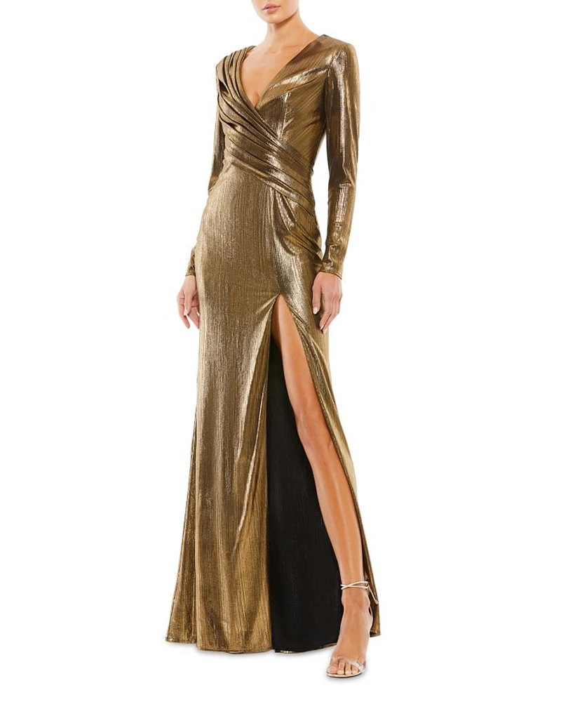 Metallic Long Sleeve Asymmetrical Ruched Gown