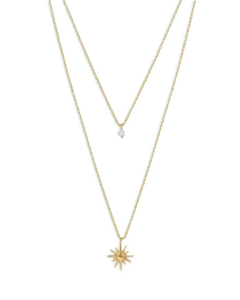 Cubic Zirconia & Starburst Layered Pendant Necklace in 18K Gold Plated, 15"-17"