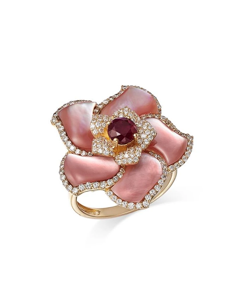 Ruby, Mother of Pearl, & Diamond Flower Ring in 14K Yellow Gold