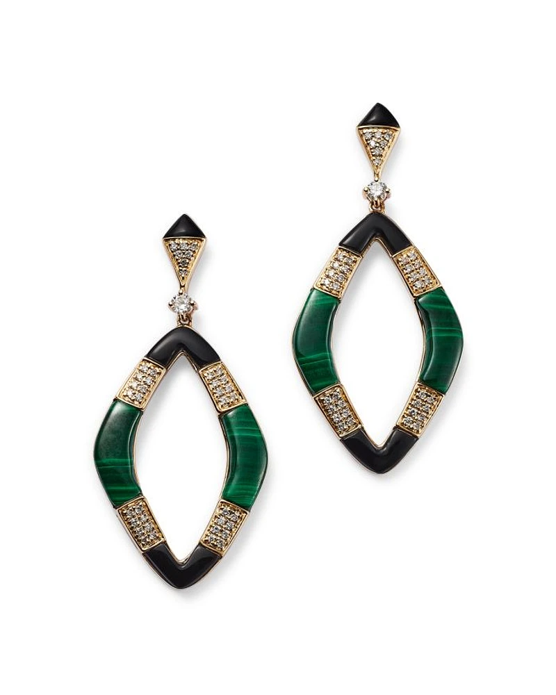 Malachite, Onyx & Diamond Drop Earrings in 14K Yellow Gold