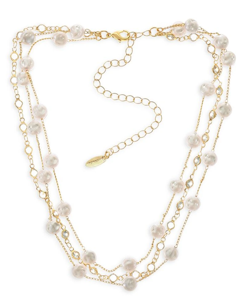 Dressed In Pearls Cubic Zirconia & Imitation Pearl Layered Collar Necklace in 18K Gold Plated, 15"-20"