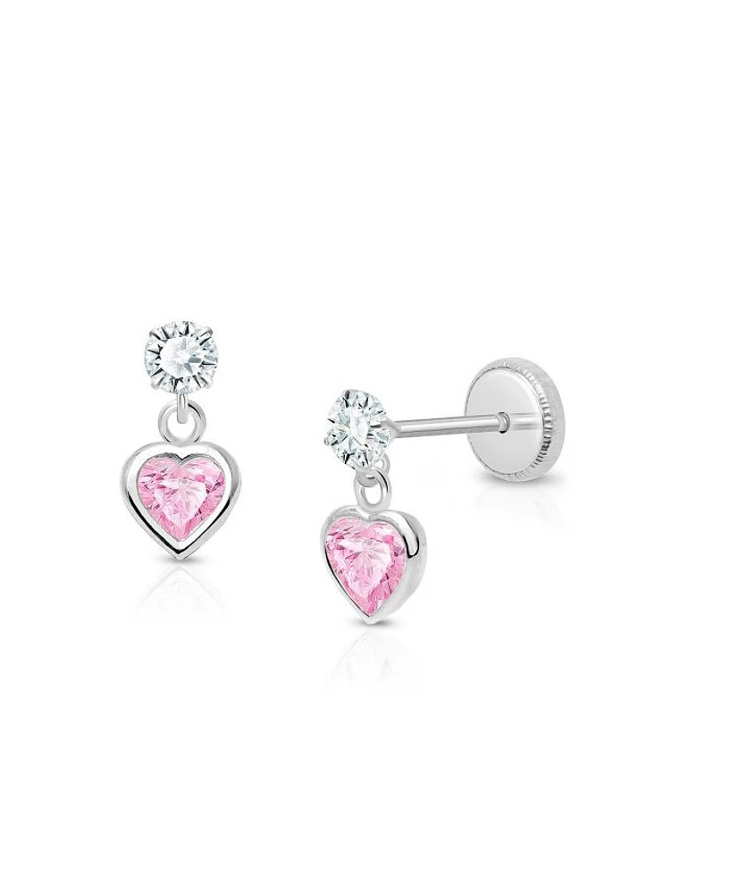 Girls' 14K Gold Fearless Heart Pink & Clear Drop Screw Back Earrings - Little Kid, Big Kid