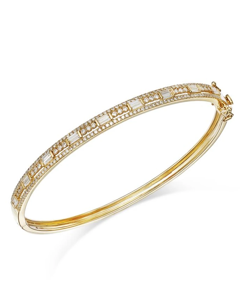 Diamond Round & Baguette Bangle Bracelet in 14K Yellow Gold, 1.0 tcw