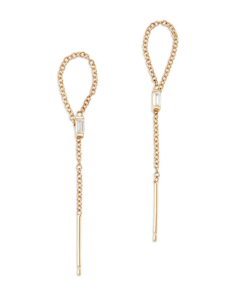 14K Yellow Gold Baguette Diamonds Diamond Solitaire Loop Threader Earrings, 0.12 tcw