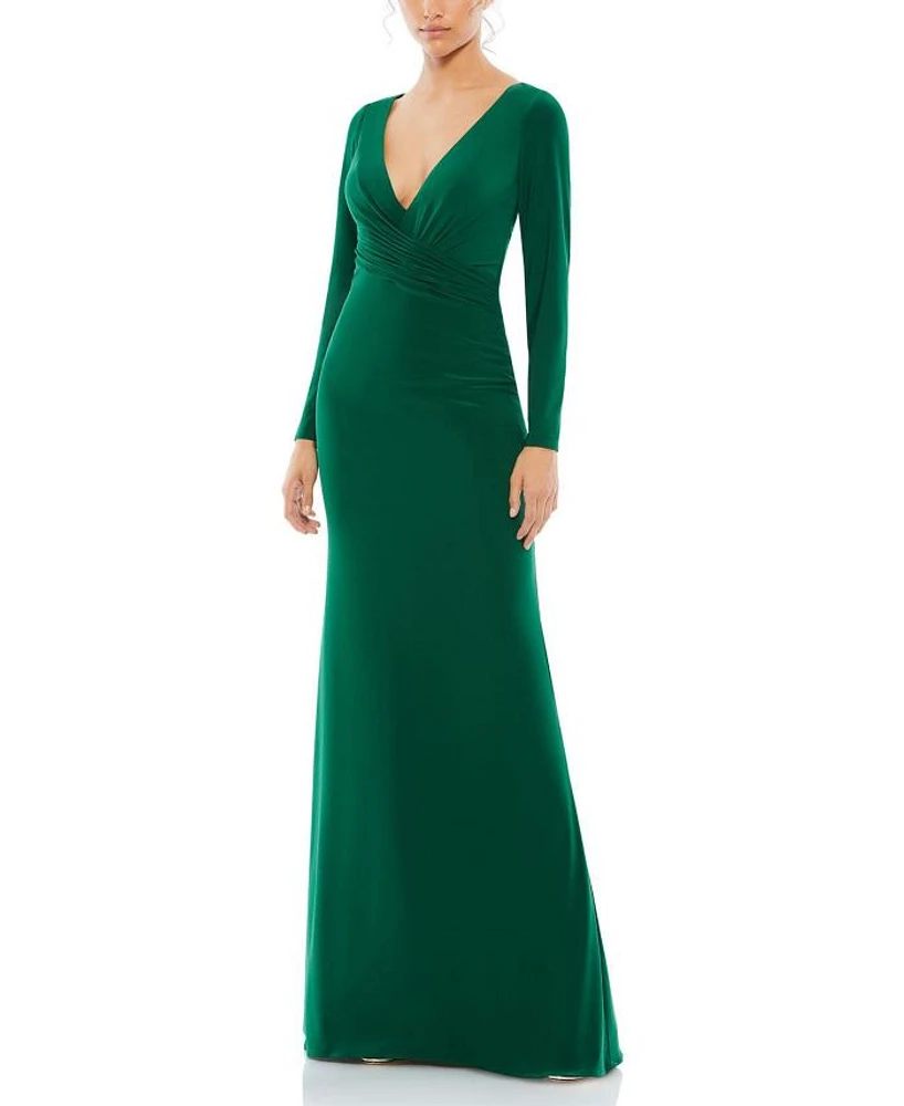 Long Sleeve Ruched Jersey V-Neck Gown