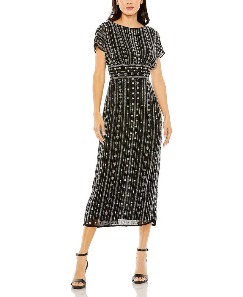 Beaded Cap Sleeve Column Midi Dress