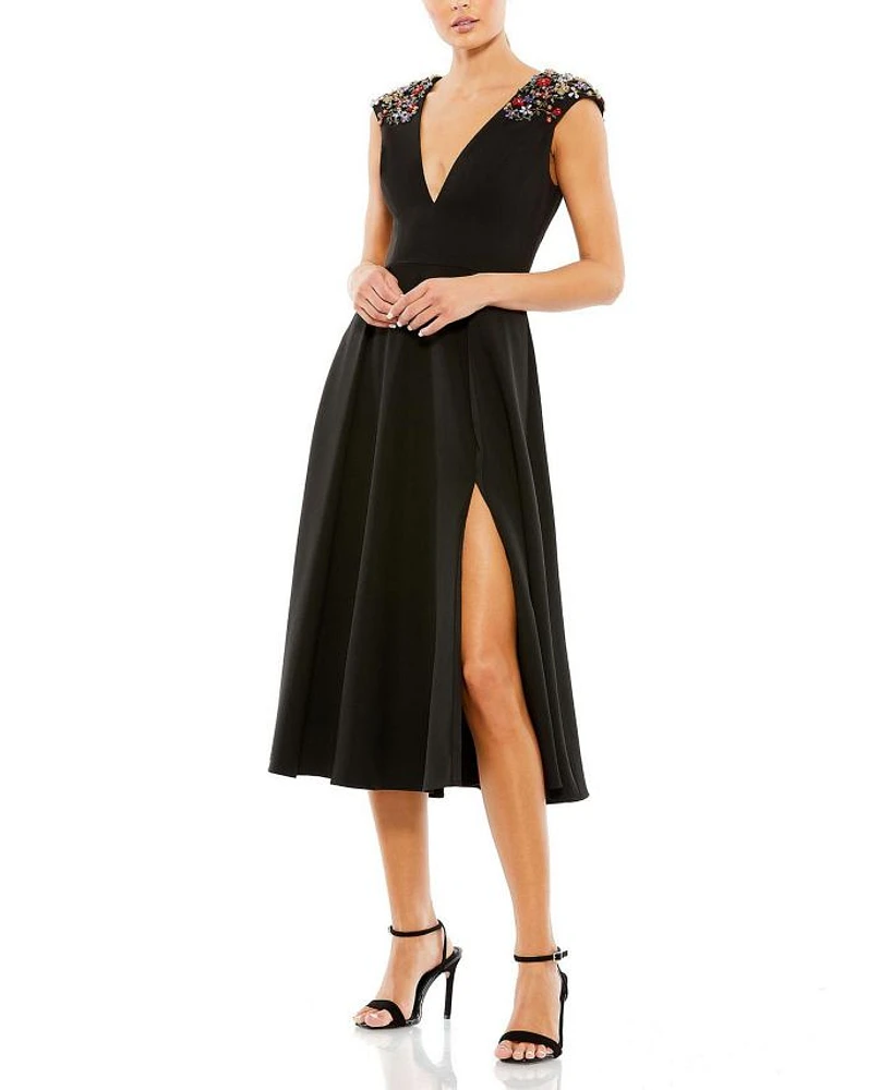 Beaded Cap Sleeve A Line Midi Dress