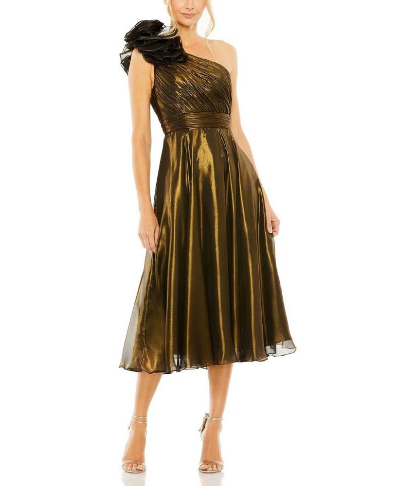 Rosette One Shoulder Tea Length Dress