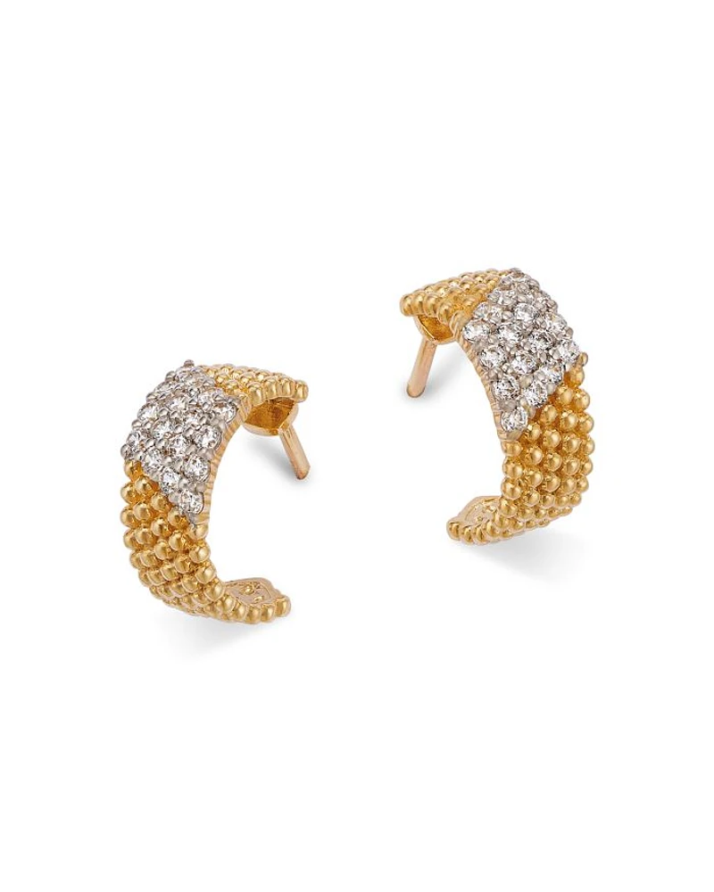 Diamond & Beaded Small Half Hoop Earrings in 14K Yellow Gold, 0.20 tcw