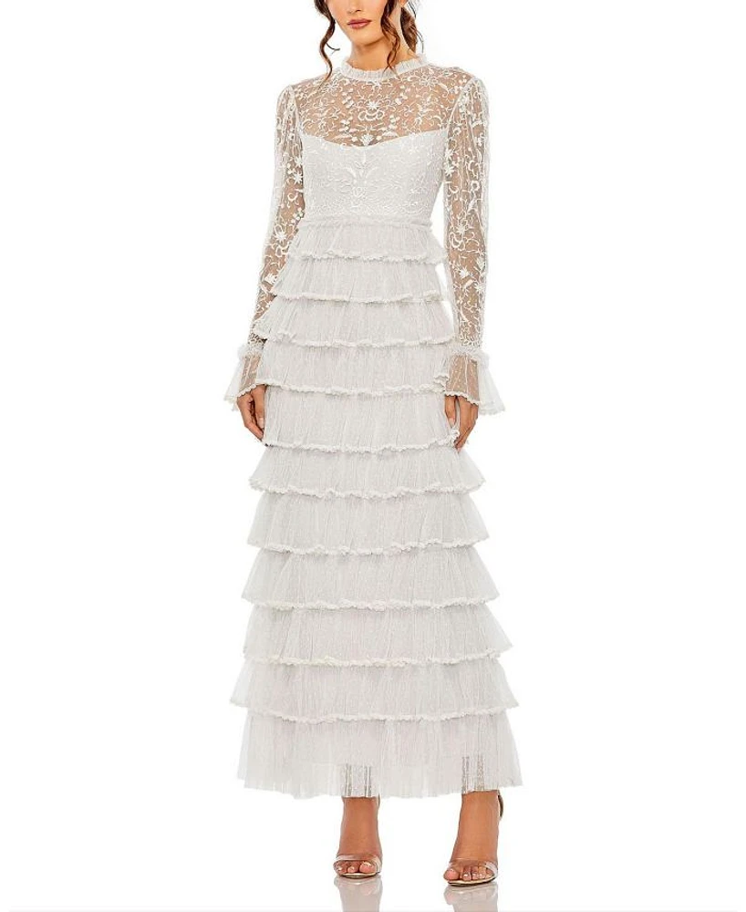 Embroidered Long Sleeve Ruffled Tiered Dress