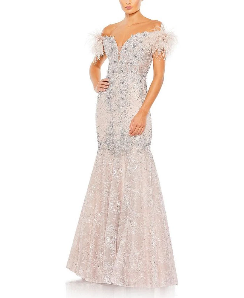Feathered Crystal Embellished Sleeveless Gown