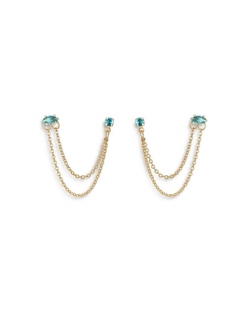 Blue Crystal & Looped Chains Double Piercing Drop Earrings in 18K Gold Plated