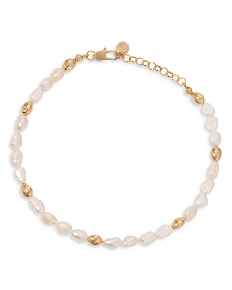 Pavé & Cultured Freshwater Pearl Polished Pebble Beaded Ankle Bracelet in 18K Gold Plated