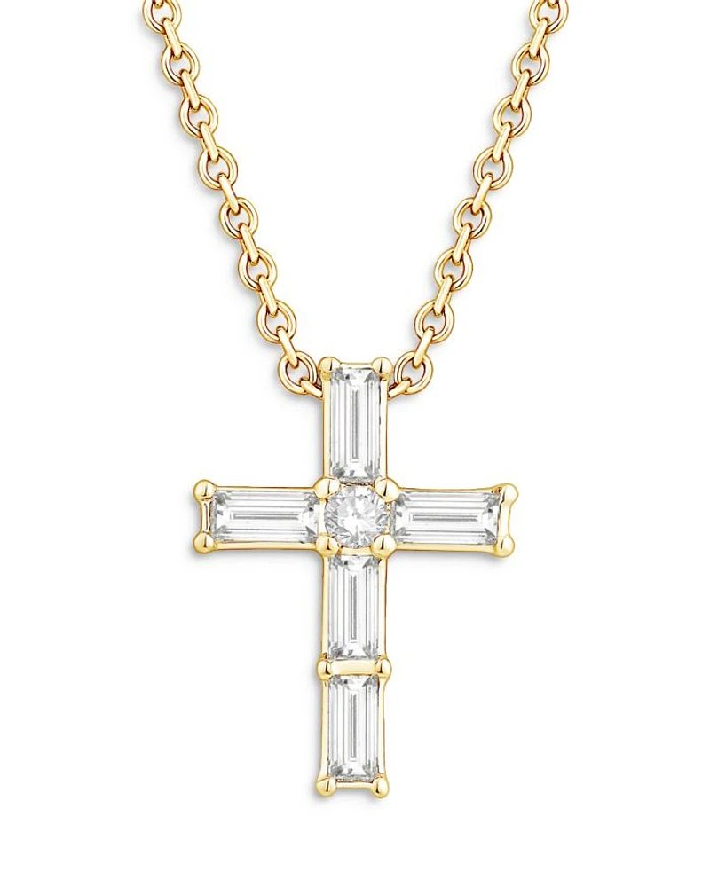 Diamond Baguette & Round Cross Pendant Necklace in 14K Yellow Gold, 0.16 tcw
