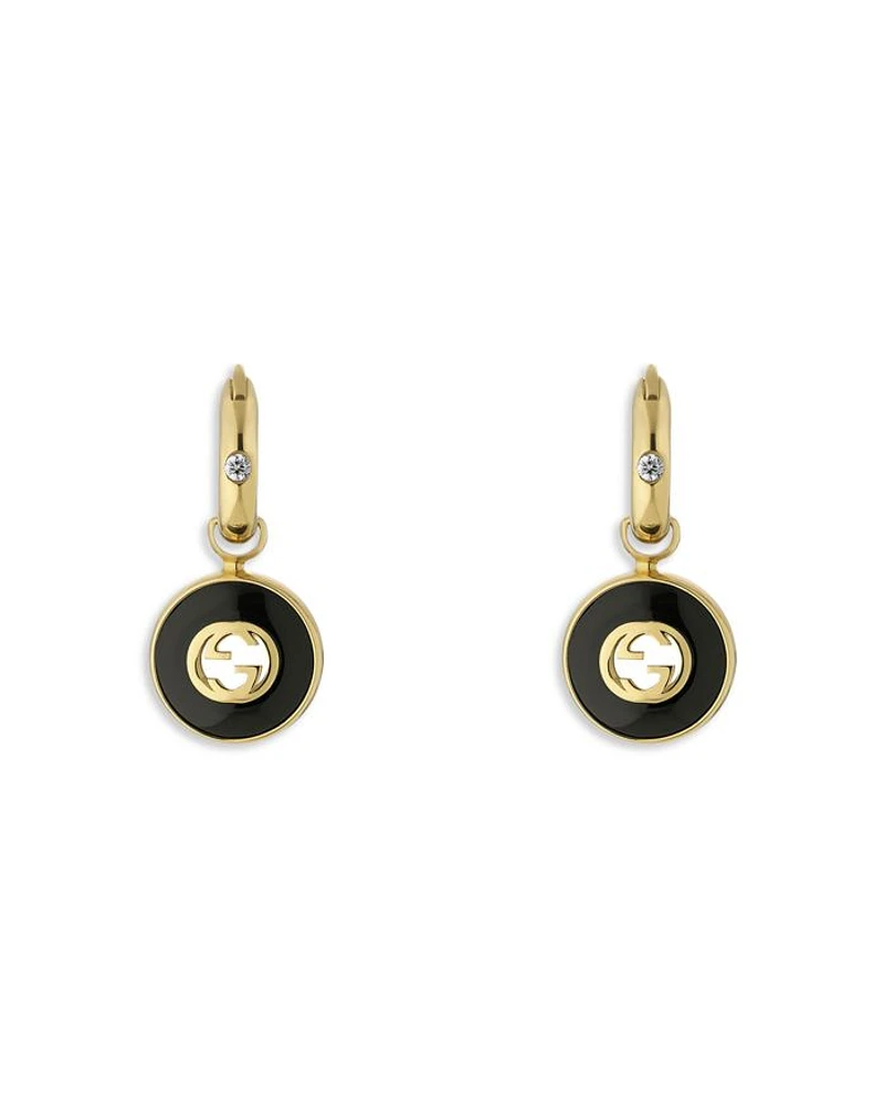 18K Yellow Gold Interlocking Onyx & Diamond Dangle Hoop Earrings
