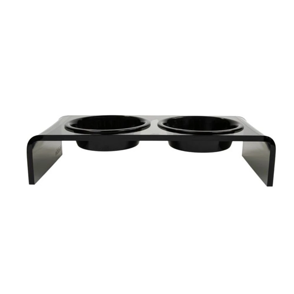 Small Smoke Grey Double Bowl Pet Feeder, 1 Pint Bowls