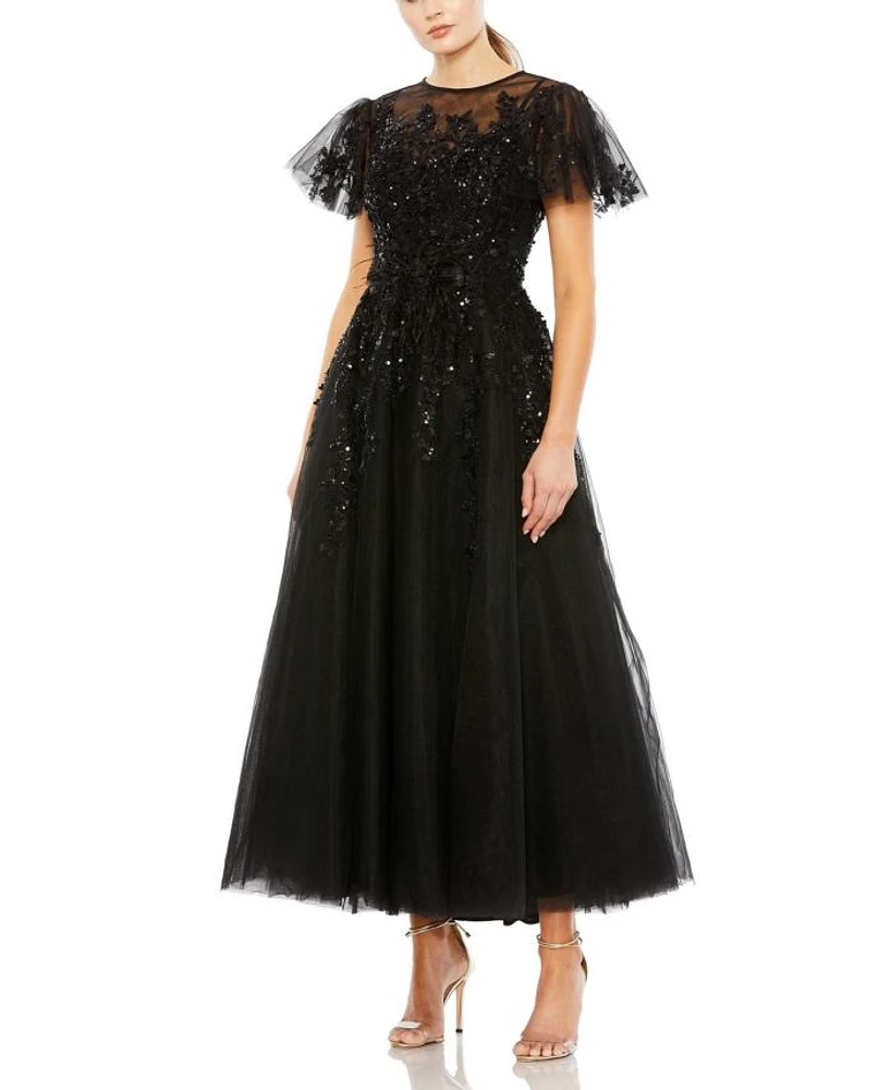 Embellished Flutter Sleeve Bow Waist A Line Dress
