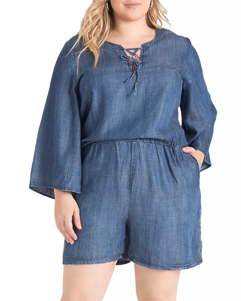 Plus Bell Sleeve Lace Up Denim Romper