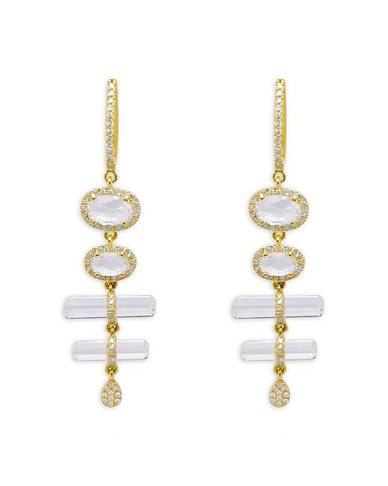 14K Yellow Gold White Topaz & Diamond Halo Dangle Huggie Hoop Earrings