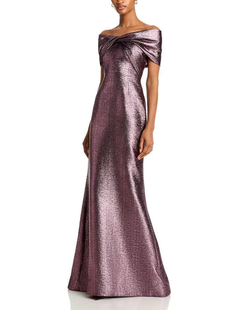 Metallic Jacquard Twist Bodice Off-the-Shoulder Gown
