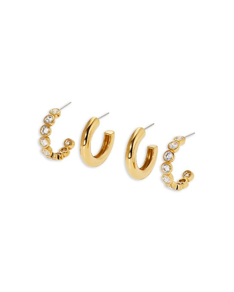 Polished Cubic Zirconia Bezel Small Hoop Earrings, Set of 2