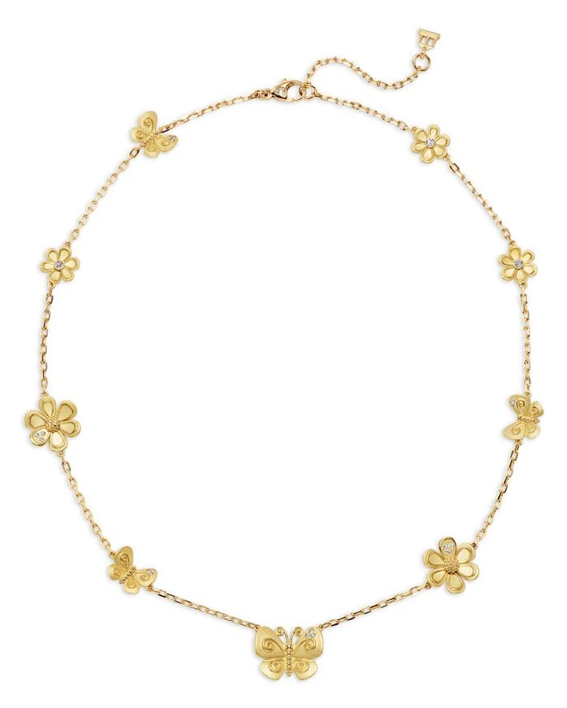 18K Yellow Gold FJ Diamond Butterfly & Flower Collar Necklace, 16-18"