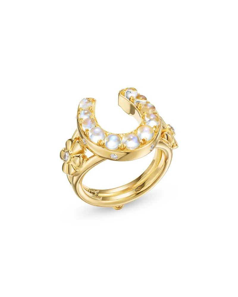 18K Yellow Gold FJ Moonstone & Diamond Horseshoe & Flower Ring
