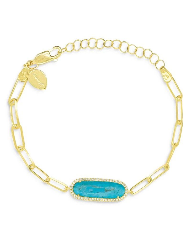 14K Yellow Gold Turquoise & Diamond Paperclip Link Bracelet