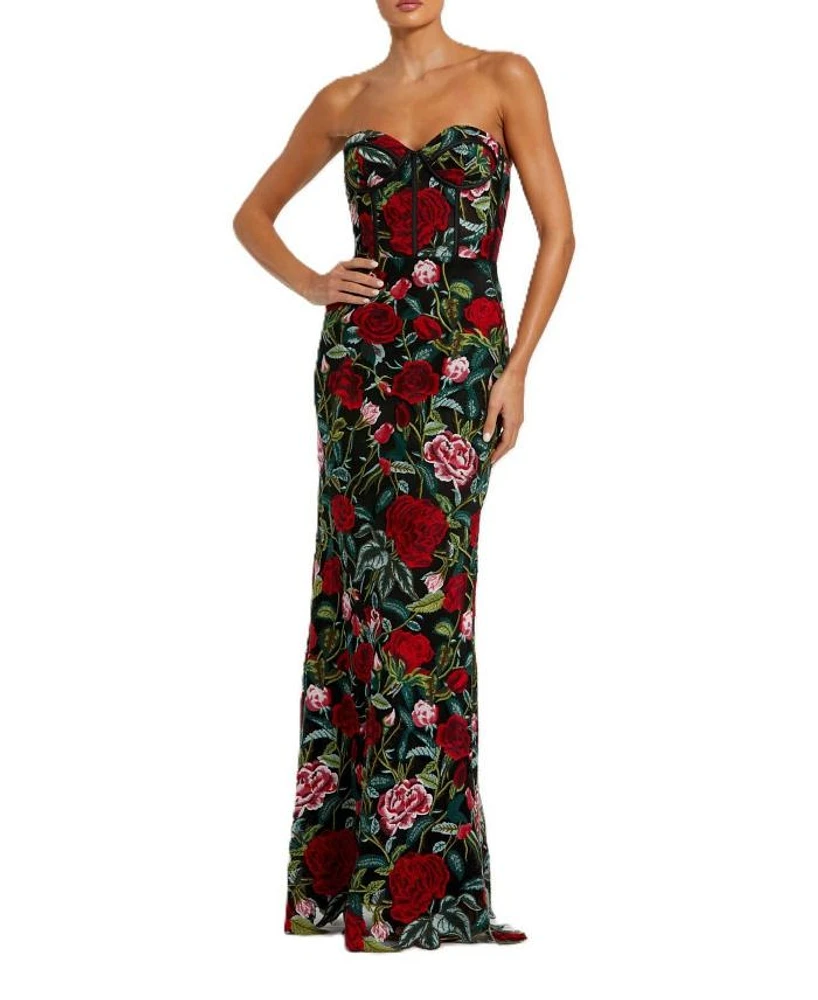 Sheer Bustier Top Floral Applique Gown