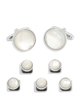 Mother of Pearl Inlay Rhodium Plated Round Stud & Cufflink Set
