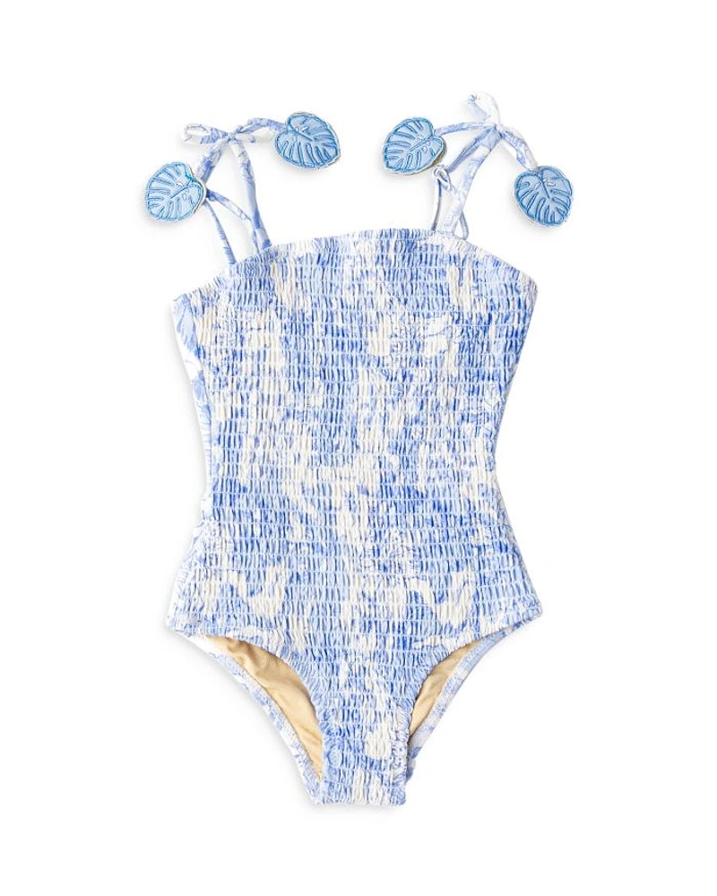 Girls' Tropical Blues Smocked One Piece Swimsuit - Baby, Little Kid, Big Kid