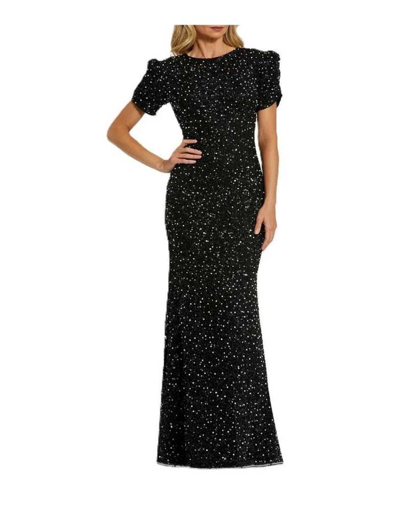 Gathered Short Sleeve Beaded Gown