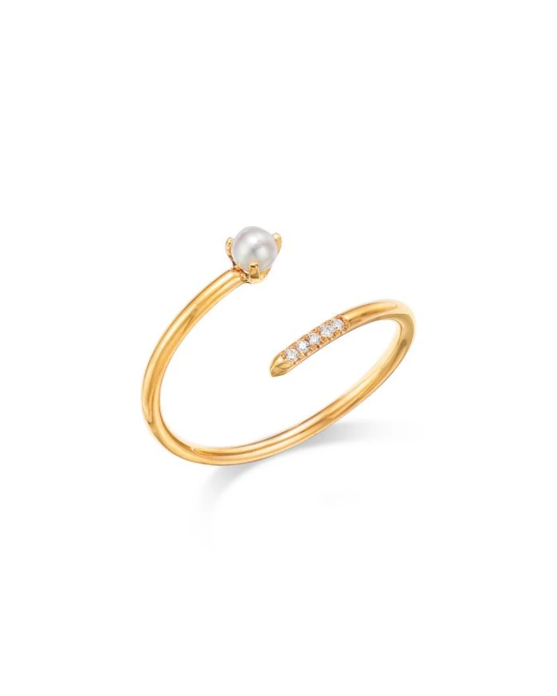 14K Yellow Gold Pearl & Pavé Diamond Bypass Ring