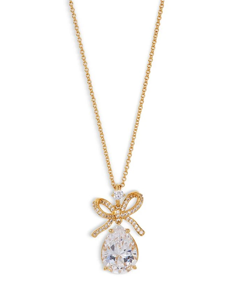 Macaron Cubic Zirconia Pear Bow Pendant Necklace, 16-18"