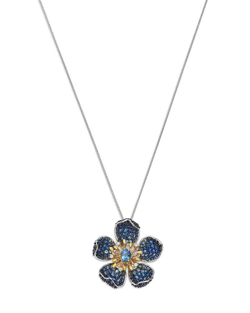 Sapphire & Diamond Flower Pendant Necklace in 14K Yellow & Gold
