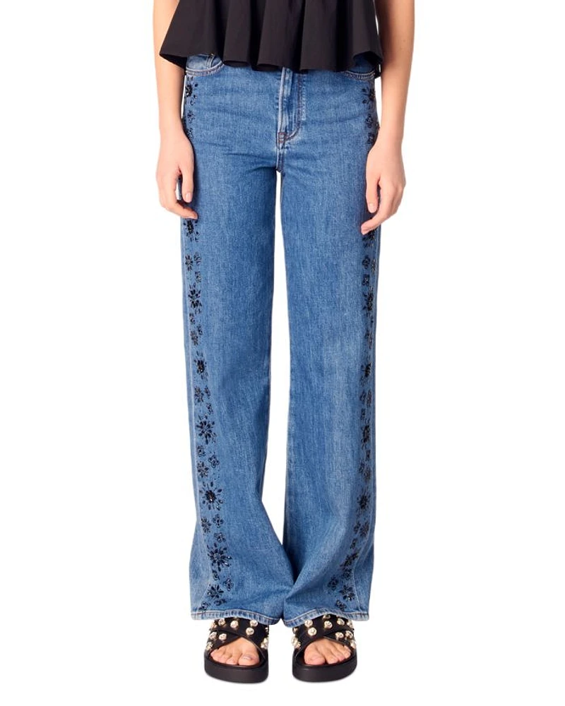 Embroidered Rhinestone High Rise Jeans Blue
