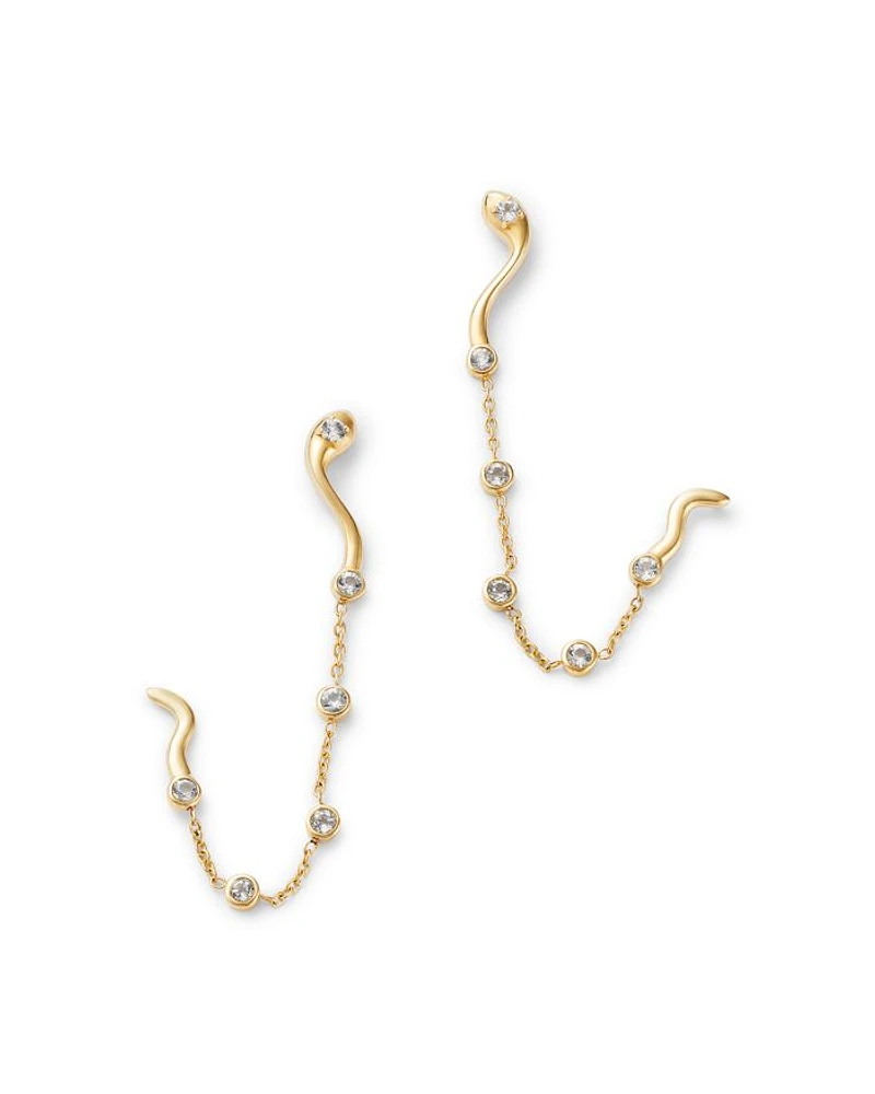 14K Yellow Gold White Topaz Snake Motif Two Stud Chain Earrings