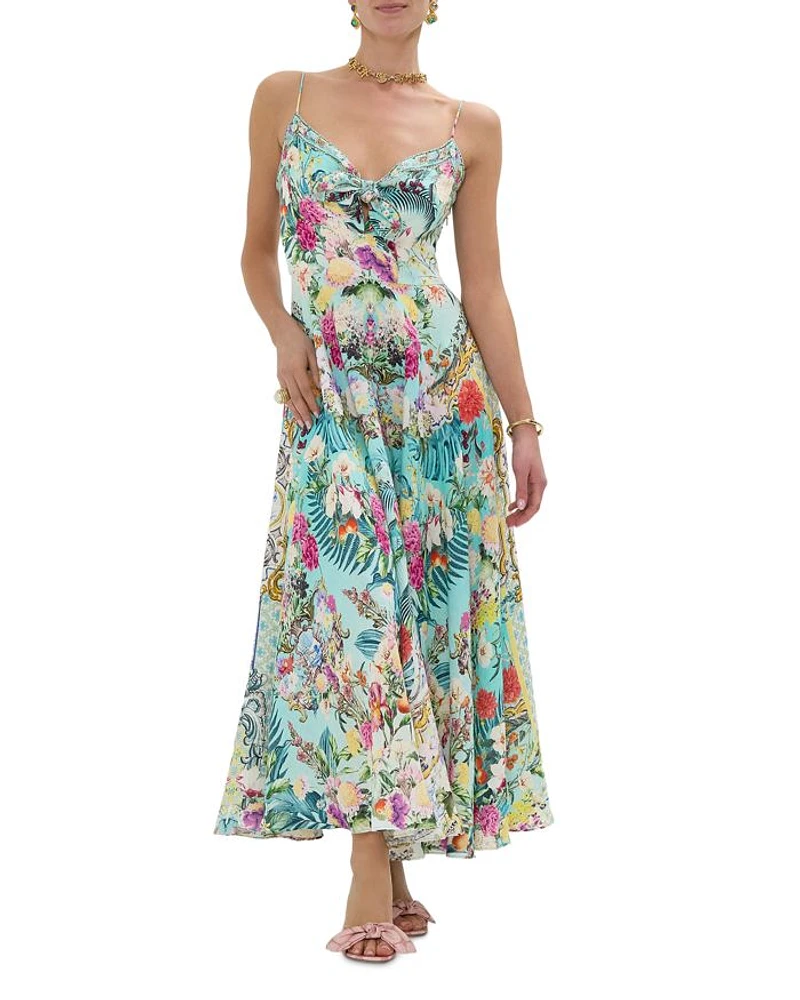 Linen Tie Front Floral Print Dress