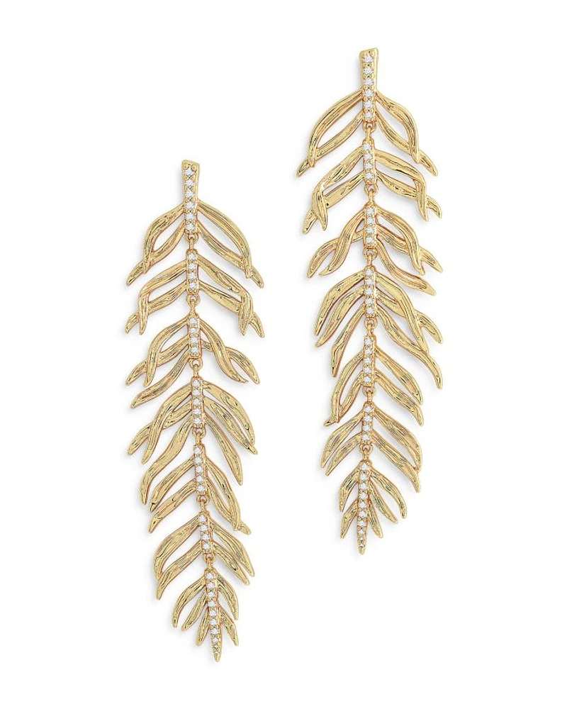 Pavé Palm Leaf Linear Drop Earrings in 18K Gold Plated