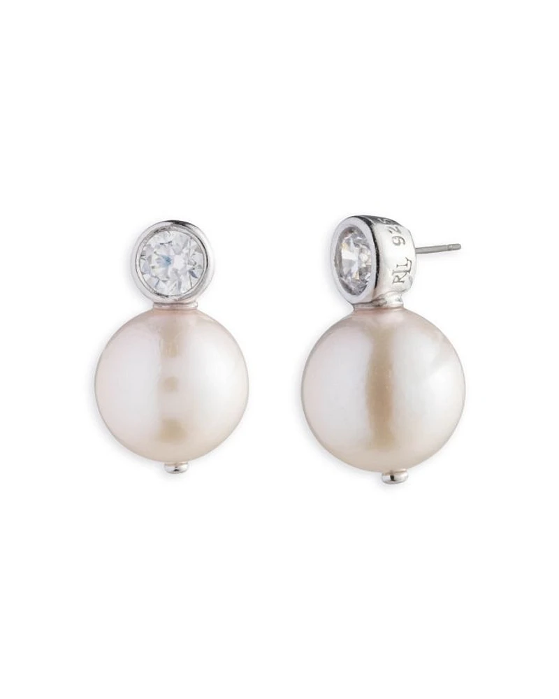Cubic Zirconia & Cultured Freshwater Pearl Stud Earrings in Sterling Silver