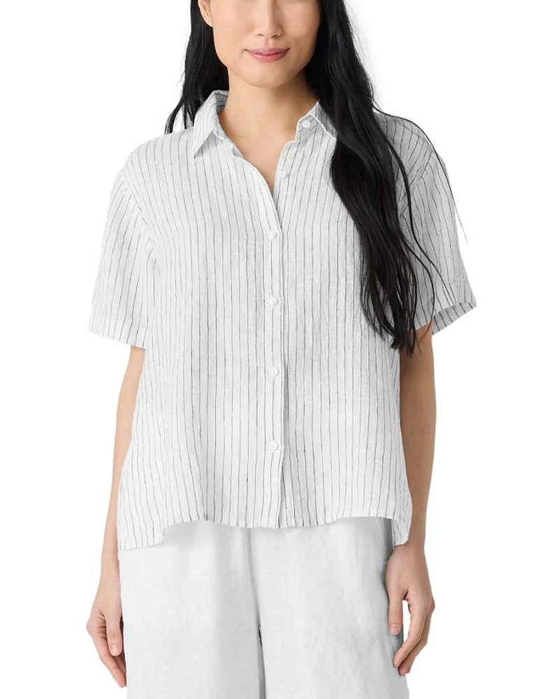 Puckered Linen Striped Short Sleeve Shirt