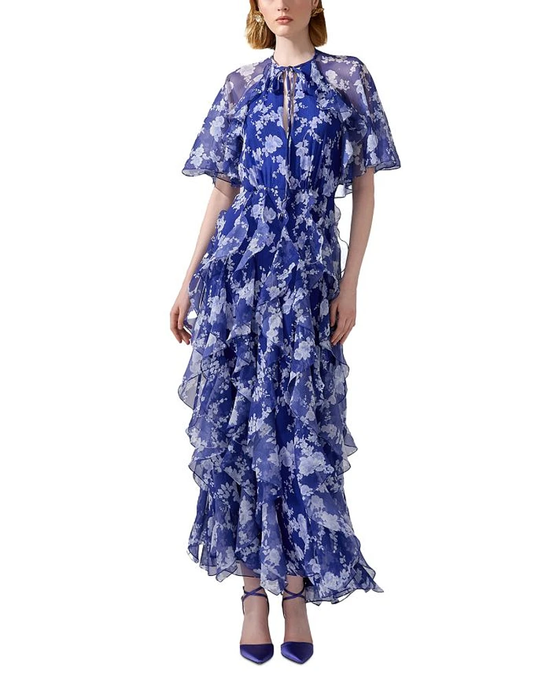 Silk Short Sleeve Tie Cape Ruffle Dress
