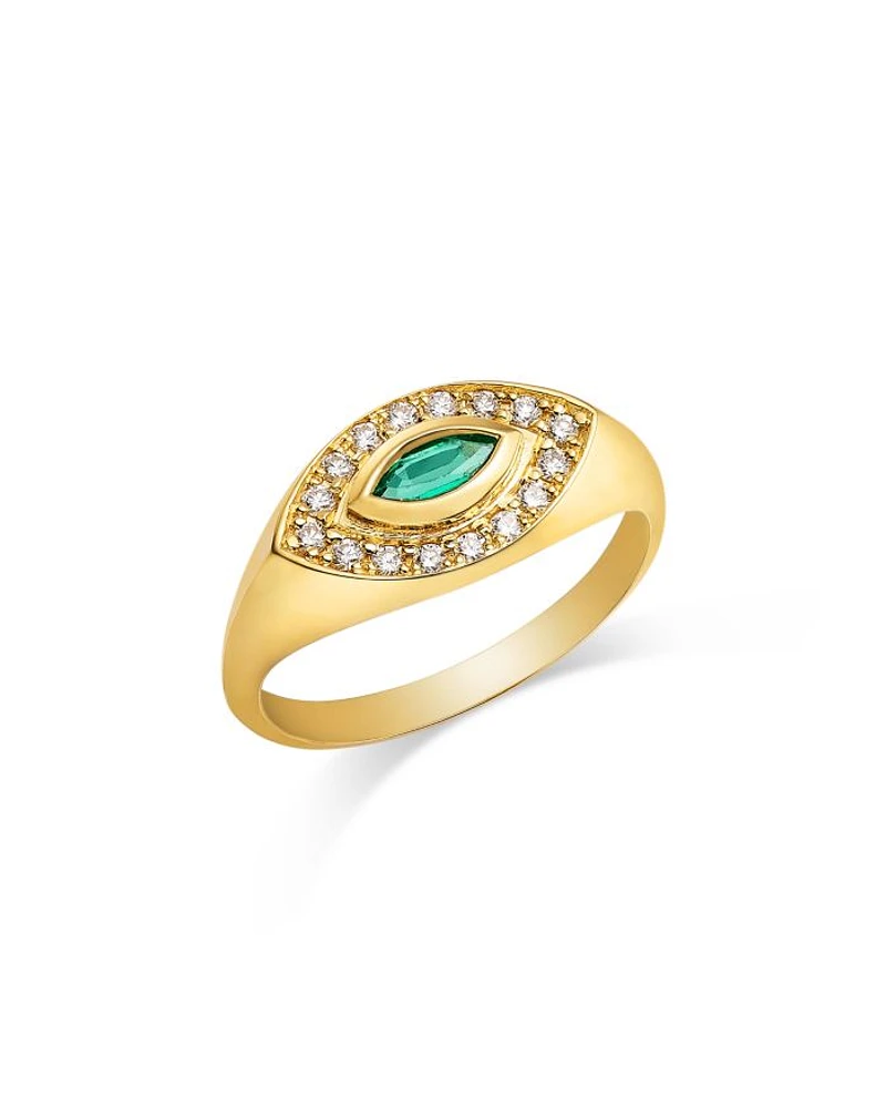 14K Yellow Gold Emerald Gemstones Emerald & Diamond Evil Eye Ring