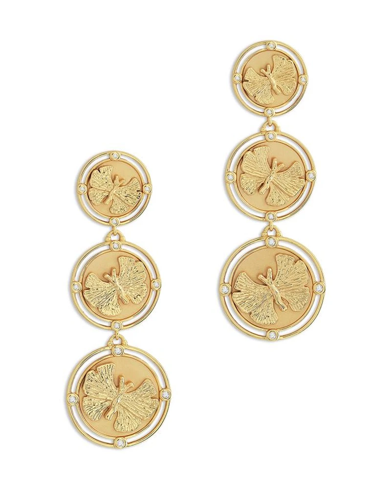 Pavé Butterfly Coin Triple Drop Earrings in 18K Gold Plated