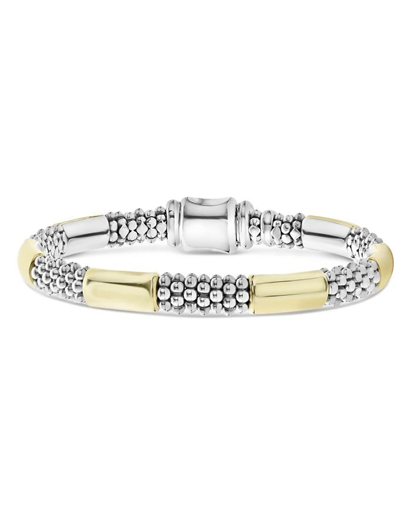 18K Yellow Gold & Sterling Silver High Bar Station Bangle Bracelet