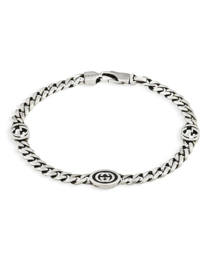 Sterling Silver Black Enamel Double G Logo Curb Link Chain Bracelet