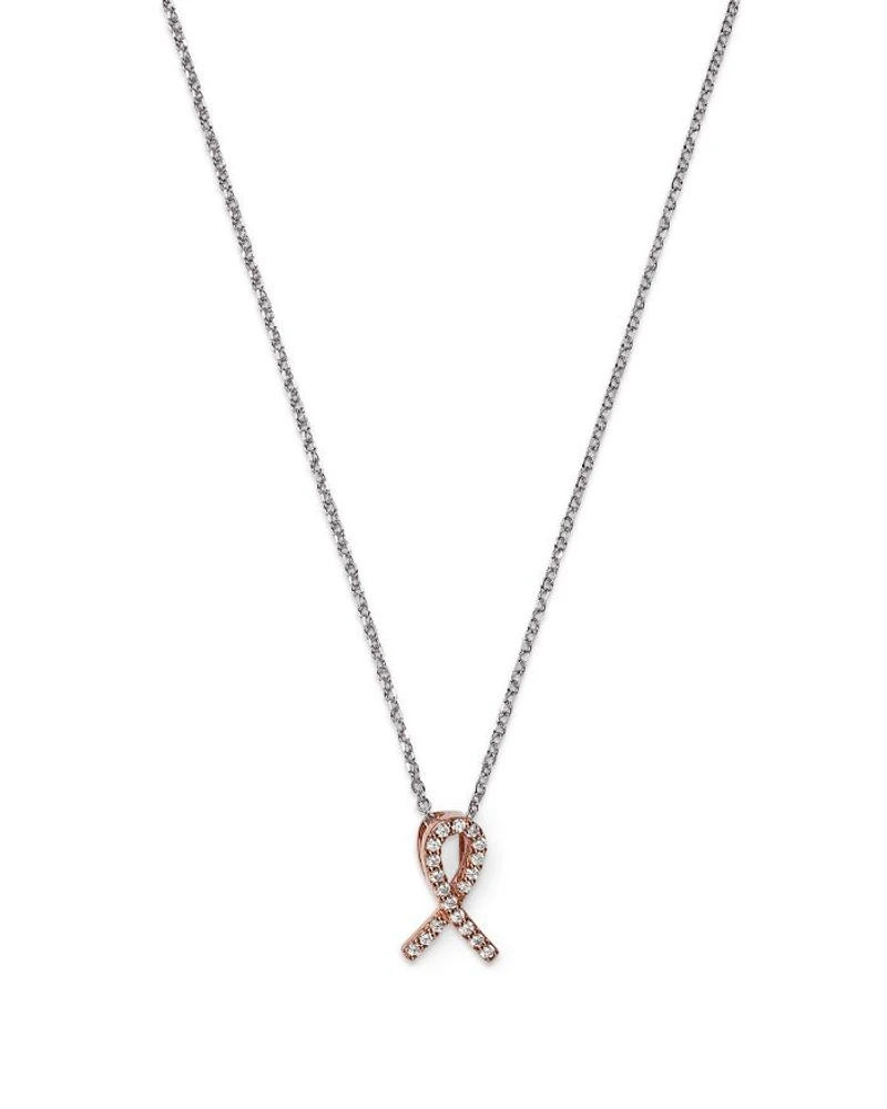 Diamond Pink Ribbon Pendant Necklace in 14K Rose and White Gold, .10 tcw