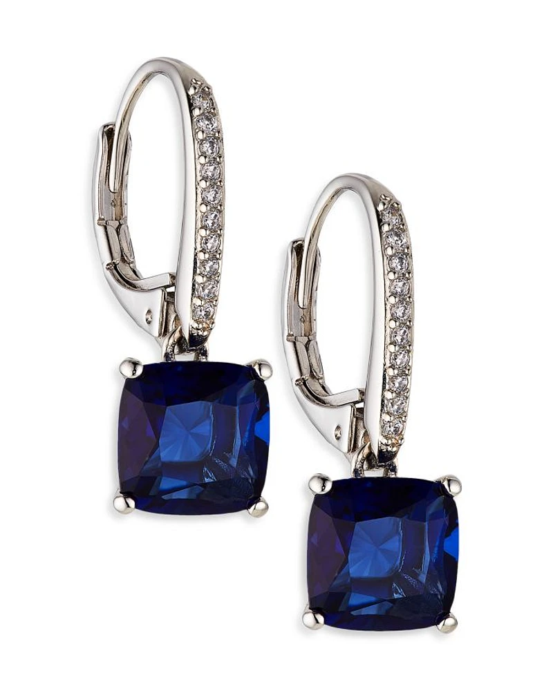 Modern Love Blue Cubic Zirconia Square Drop Earrings in Rhodium Plated